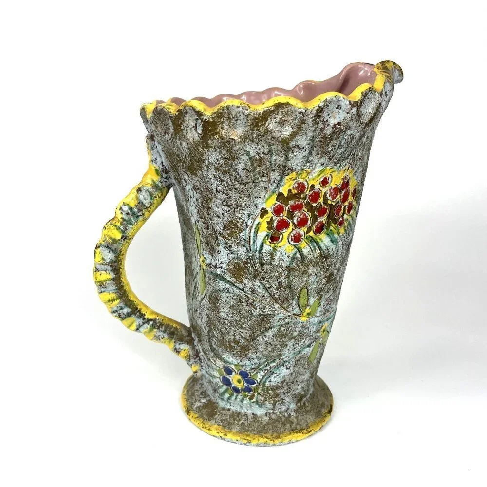 Mid century Modern Lava glaze Sgraffito Pitcher Berries
